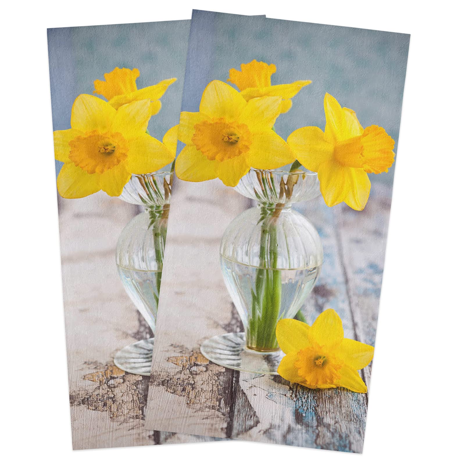 Kitchen Dish Towel Set of 2, Daffodil Flower Wood Table Hand Towels, Ultra Soft Absorbent Drying Cloth Tea Towels for Kitchen, Bathroom, Bar, Hotel (18 x 28 inches)