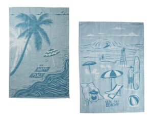 country primitive the beach is my happy place woven cotton jacquard dishtowel set of 2 tea towels