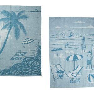 Country Primitive The Beach is My Happy Place Woven Cotton Jacquard Dishtowel Set of 2 Tea Towels