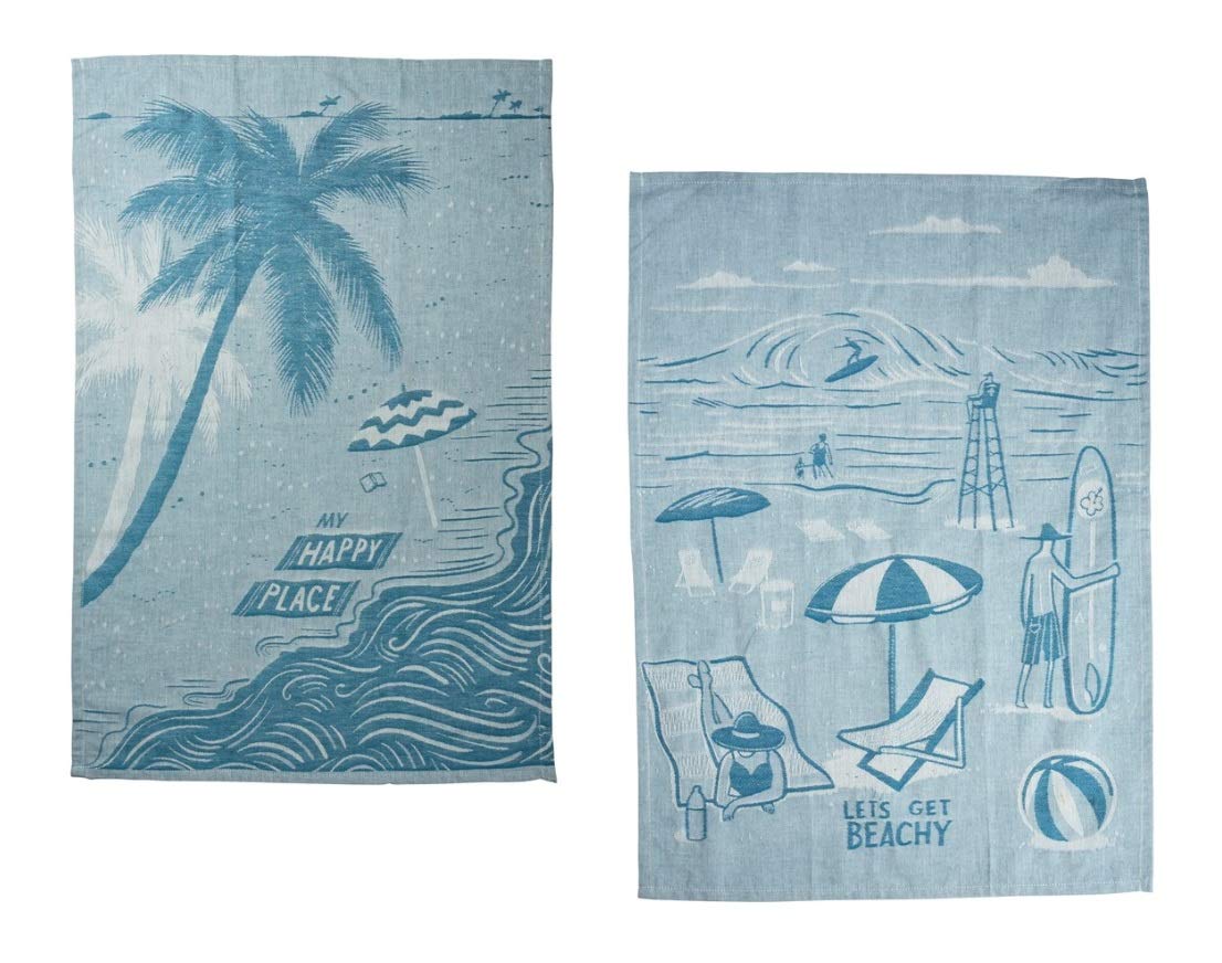 Country Primitive The Beach is My Happy Place Woven Cotton Jacquard Dishtowel Set of 2 Tea Towels