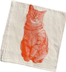 tabby cat tea towel in orange, cat tea towel, cat towel, orange cat towel - hand printed flour sack tea towel, cat towel, christmas cat towel