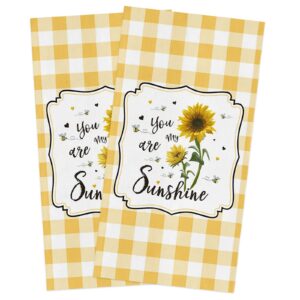 2 pack dish towel for kitchen,absorbent dishes cloth spring sunflowers farmhouse bee soft hand towels for home cleaning quick drying bathroom cloths terry yellow white buffalo check