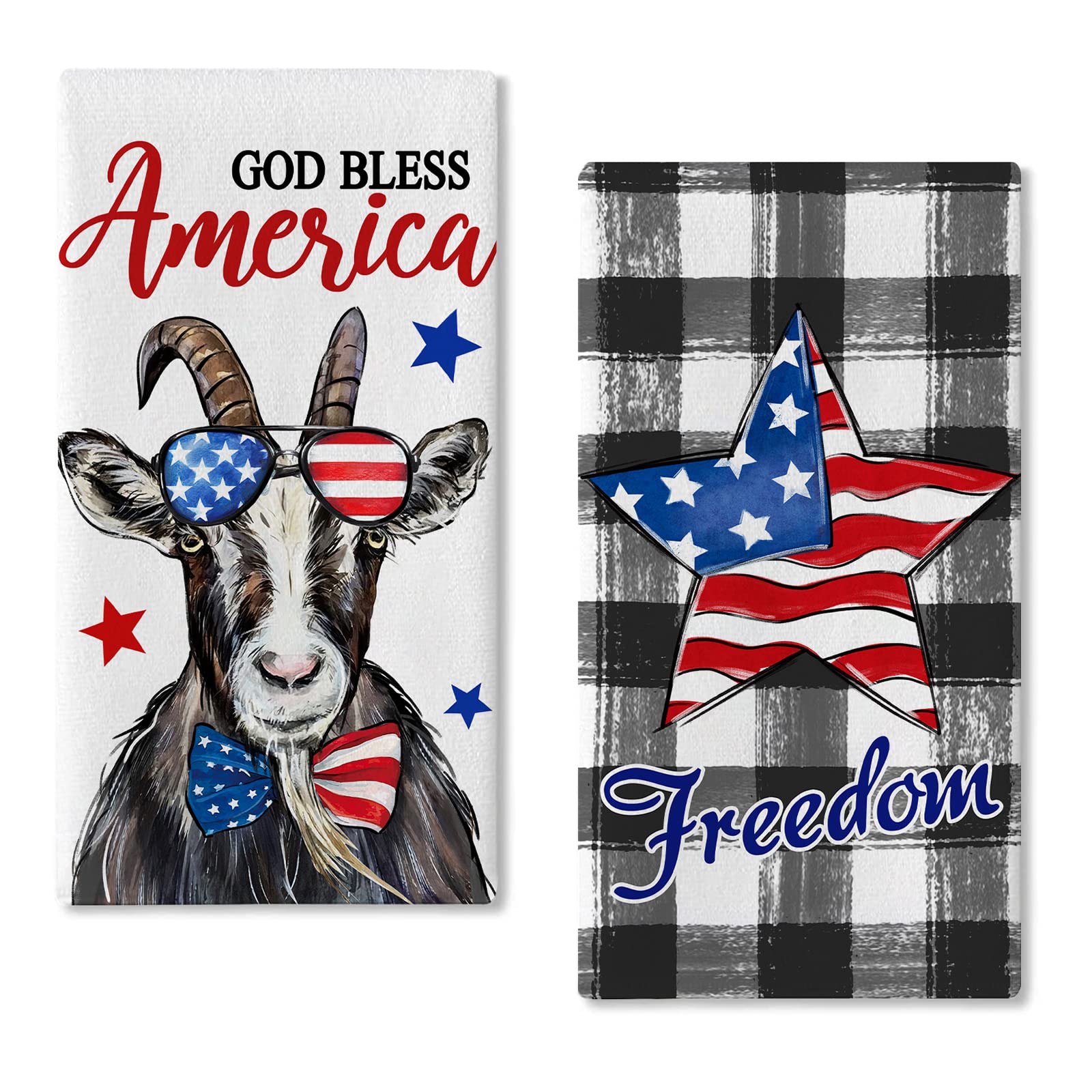 Seliem 4th of July God Bless America Patriotic Goat Kitchen Dish Towel Set of 2, Freedom Star Buffalo Plaid Check Hand Towel Drying Baking Cooking Cloth, Summer Holiday USA Kitchen Decor 18x26 Inches