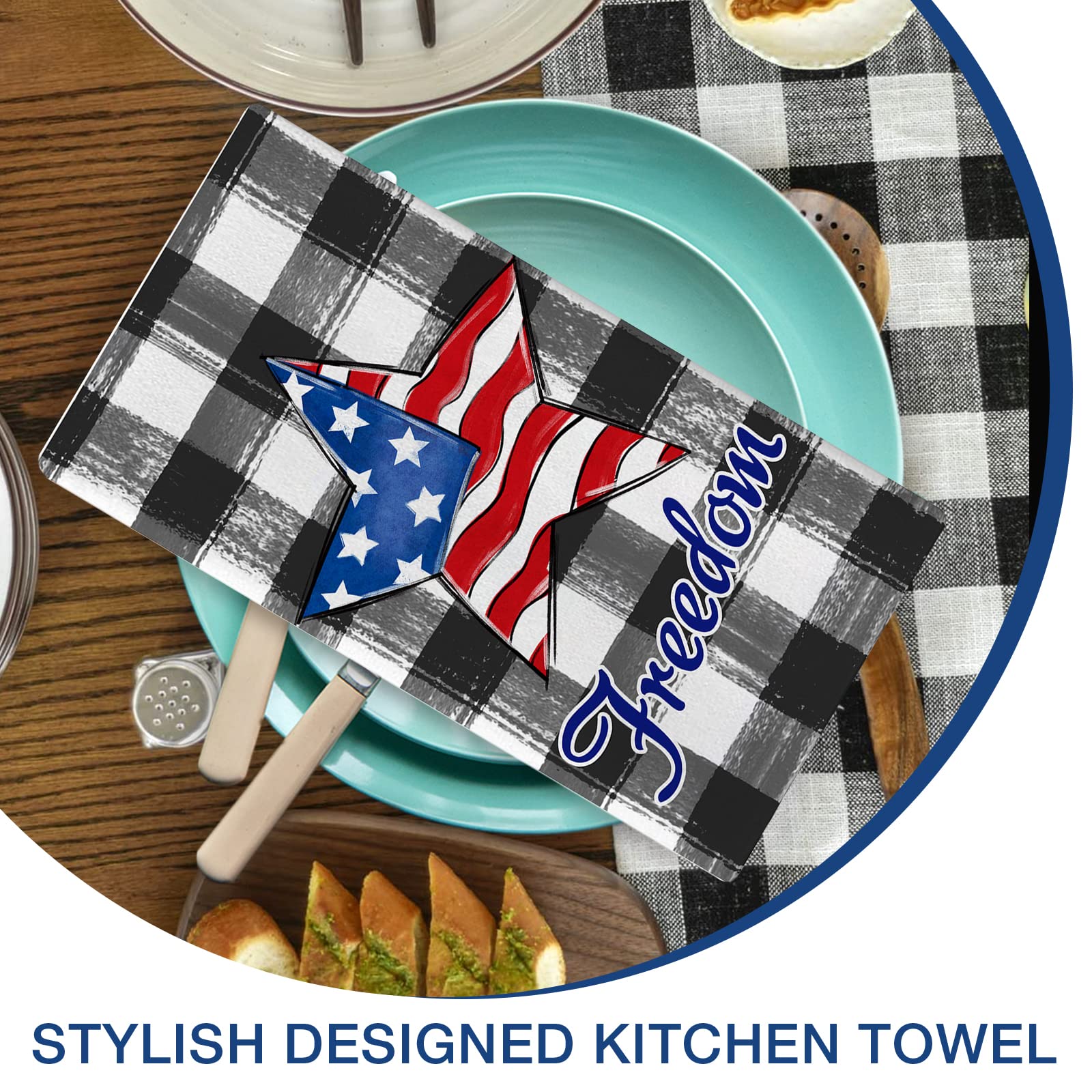 Seliem 4th of July God Bless America Patriotic Goat Kitchen Dish Towel Set of 2, Freedom Star Buffalo Plaid Check Hand Towel Drying Baking Cooking Cloth, Summer Holiday USA Kitchen Decor 18x26 Inches