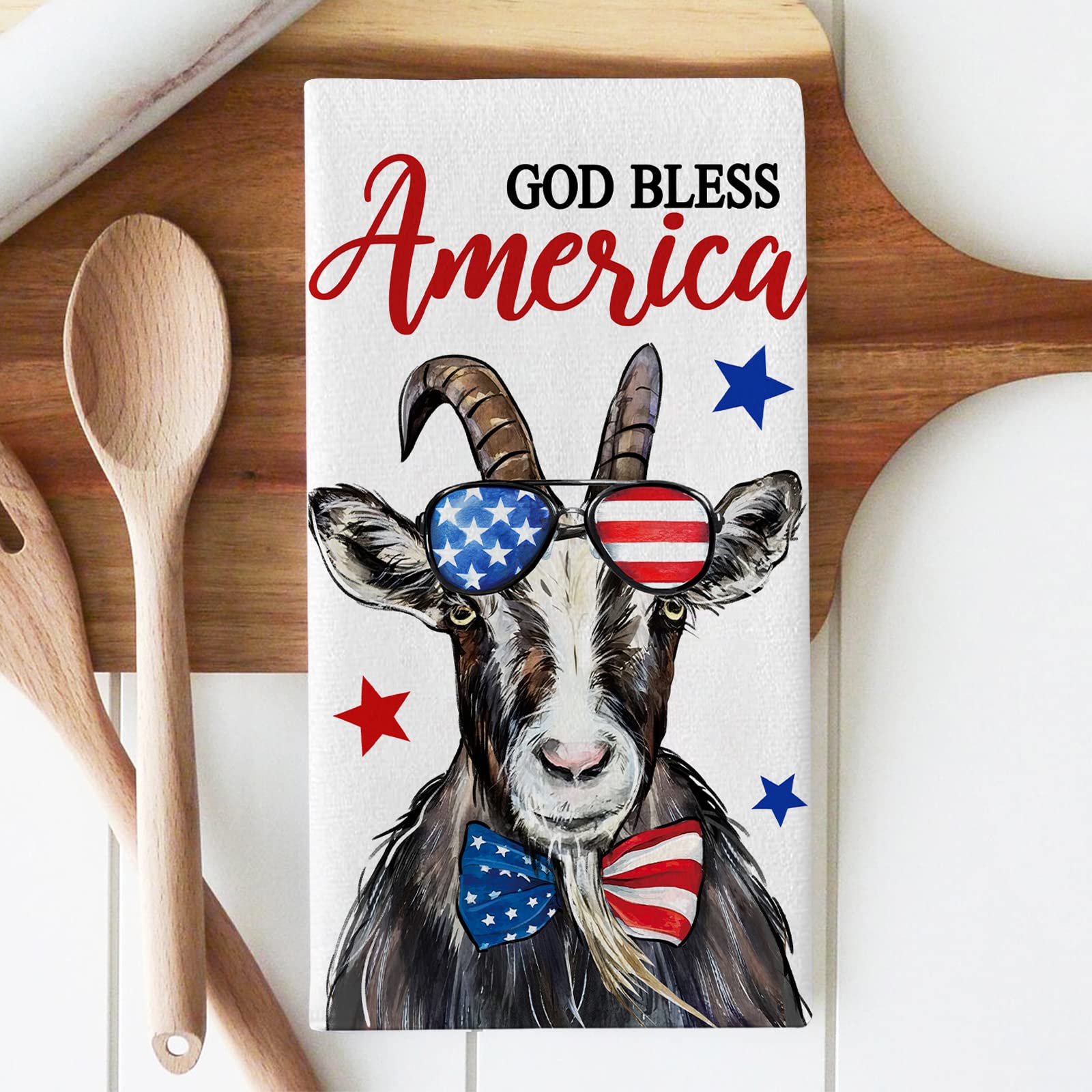 Seliem 4th of July God Bless America Patriotic Goat Kitchen Dish Towel Set of 2, Freedom Star Buffalo Plaid Check Hand Towel Drying Baking Cooking Cloth, Summer Holiday USA Kitchen Decor 18x26 Inches