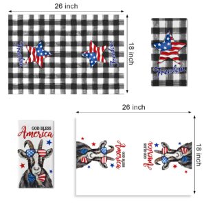 Seliem 4th of July God Bless America Patriotic Goat Kitchen Dish Towel Set of 2, Freedom Star Buffalo Plaid Check Hand Towel Drying Baking Cooking Cloth, Summer Holiday USA Kitchen Decor 18x26 Inches