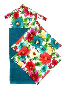 red pink yellow floral flowers with teal turquoise green leaves ties on stays put kitchen hanging loop hand dish towel and set of 2 square pot holders hot pads trivets hostess housewarming gift