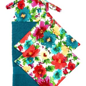 Red Pink Yellow Floral Flowers with Teal Turquoise Green Leaves Ties On Stays Put Kitchen Hanging Loop Hand Dish Towel and Set of 2 Square Pot Holders Hot Pads Trivets Hostess Housewarming Gift