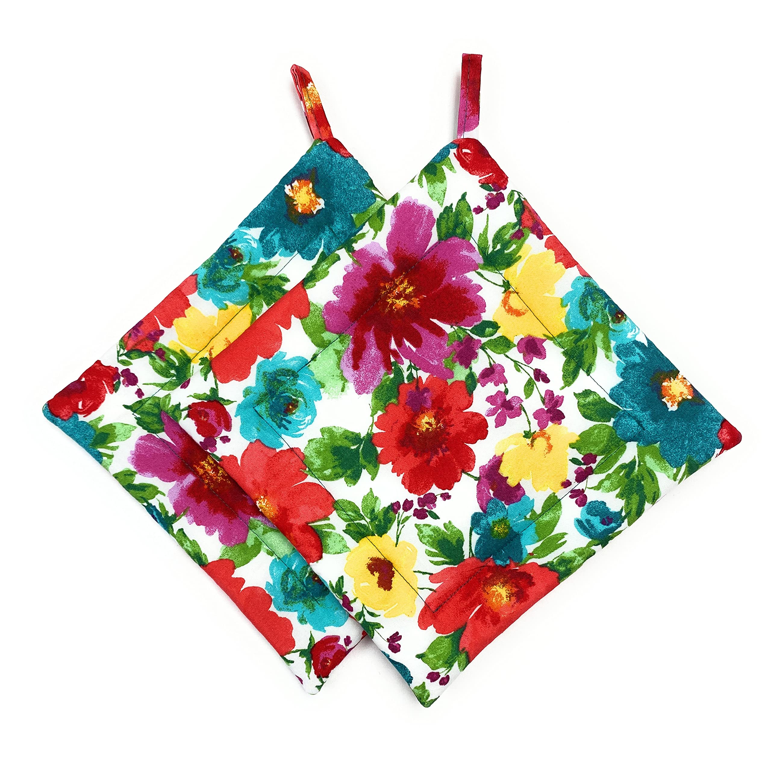 Red Pink Yellow Floral Flowers with Teal Turquoise Green Leaves Ties On Stays Put Kitchen Hanging Loop Hand Dish Towel and Set of 2 Square Pot Holders Hot Pads Trivets Hostess Housewarming Gift