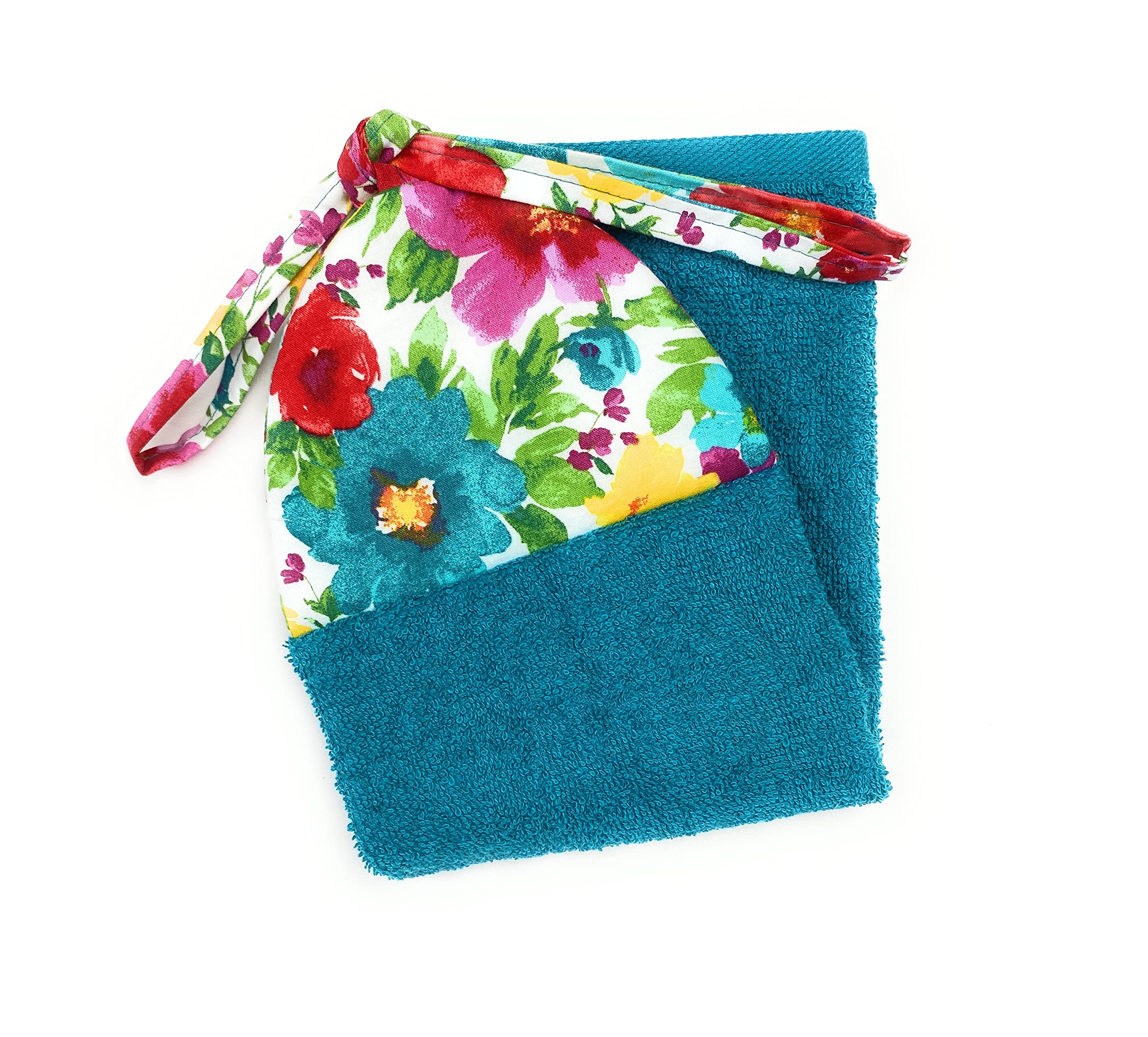 Red Pink Yellow Floral Flowers with Teal Turquoise Green Leaves Ties On Stays Put Kitchen Hanging Loop Hand Dish Towel and Set of 2 Square Pot Holders Hot Pads Trivets Hostess Housewarming Gift