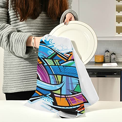 JIUCHUAN Kitchen Dish Towel Set 6 Graffiti Art Mural Kitchen Towel Large28''x18'' Kitchen Towels，Dishcloths，Decorative Waffle Towels，Hand Towels，Tea Towels