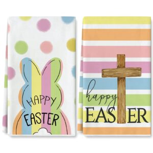 anydesign happy easter kitchen towel spring colorful bunny cross polka dots stripes hand drying tea towel ultra absorbent for holiday cooking baking cleaning holiday decoration, 18 x 28 inch, set of 2