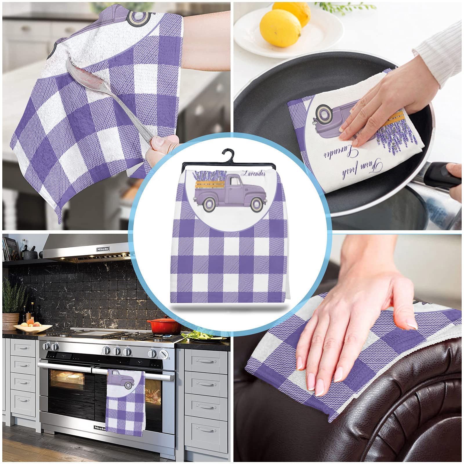 Kitchen Towels Dish Cloth 2 Pack Rustic Lavender Farm Truck Soft Absorbent Dish Towel Reusable Cleaning Cloths Tea Bar Hand Towels Retro Purple Buffalo Gingham Check Drying Dishcloth for Dishes
