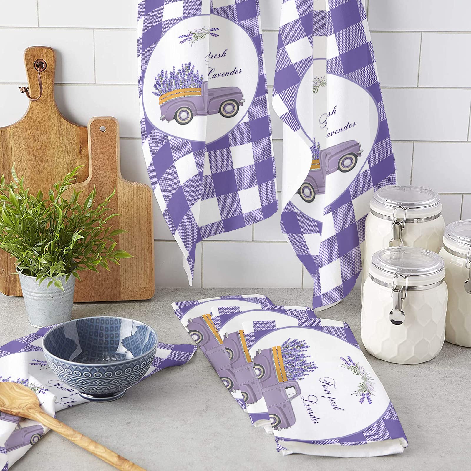 Kitchen Towels Dish Cloth 2 Pack Rustic Lavender Farm Truck Soft Absorbent Dish Towel Reusable Cleaning Cloths Tea Bar Hand Towels Retro Purple Buffalo Gingham Check Drying Dishcloth for Dishes