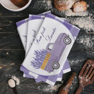 Kitchen Towels Dish Cloth 2 Pack Rustic Lavender Farm Truck Soft Absorbent Dish Towel Reusable Cleaning Cloths Tea Bar Hand Towels Retro Purple Buffalo Gingham Check Drying Dishcloth for Dishes