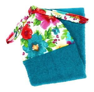 red pink yellow floral flowers with teal turquoise green leaves on white ties on stays put kitchen hanging loop hand dish towel she who sews
