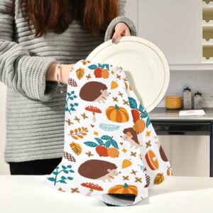 SLHKPNS Autumn Cute Hedgehogs Pumpkin Kitchen Dish Towel Set of 4,Autumn Floral Plants Thanksgiving 18x28in Absorbent Dishcloth Reusable Cleaning Cloths for Household Use