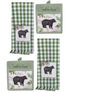 kay dee designs 4 piece pinecone trails black bear kitchen decor bundle, 2 applique tea towels and 2 pocket mitts