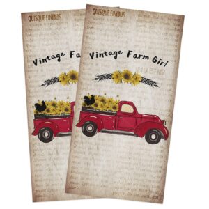 kitchen dish towels 2 pack-super absorbent soft microfiber,vintage farm girl old truck sunflowers newpaper cleaning dishcloth hand towels tea towels for kitchen bathroom bar