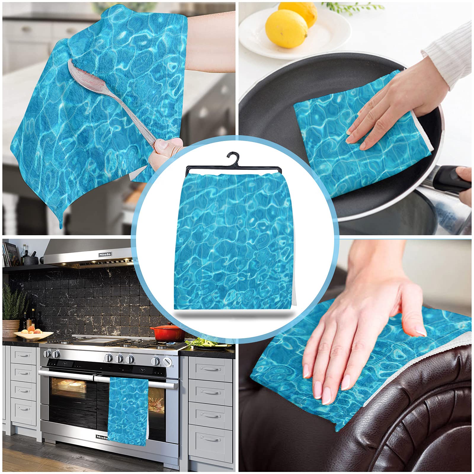 Kitchen Towels Set Swimming Pool Dish Towel Clean Water Wave Blue Summer Dishcloths 4 Pack, 18x28 Inches Absorbent Soft Cotton Dish Cloths Bar Towels & Tea Towels