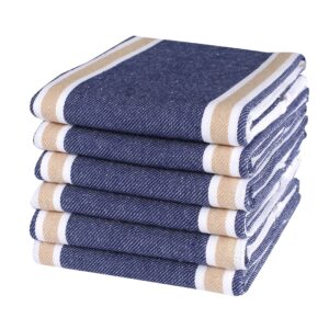 Bedding Craft- Set of 6 Blue/Beige Waffle Stripe Kitchen Towel – Absorbent Cotton Dishcloths for Drying Dishes, Farmhouse Kitchen Decor, Bar Towels, and More