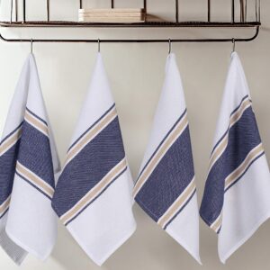 Bedding Craft- Set of 6 Blue/Beige Waffle Stripe Kitchen Towel – Absorbent Cotton Dishcloths for Drying Dishes, Farmhouse Kitchen Decor, Bar Towels, and More