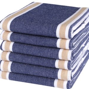 Bedding Craft- Set of 6 Blue/Beige Waffle Stripe Kitchen Towel – Absorbent Cotton Dishcloths for Drying Dishes, Farmhouse Kitchen Decor, Bar Towels, and More