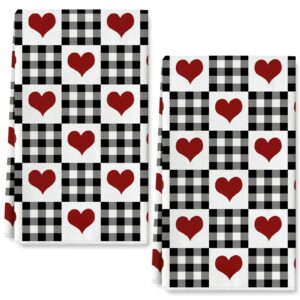 anydesign valentine's day kitchen towel 18 x 28 buffalo plaids love heart dish towel romantic sweet hand drying towel tea towel for wedding anniversary cooking baking, set of 2