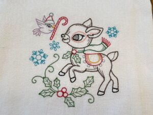 christmas embroidered flour sack tea towel, christmas reindeer, vintage pattern, 1 in set of 7 designs, machine embroidery