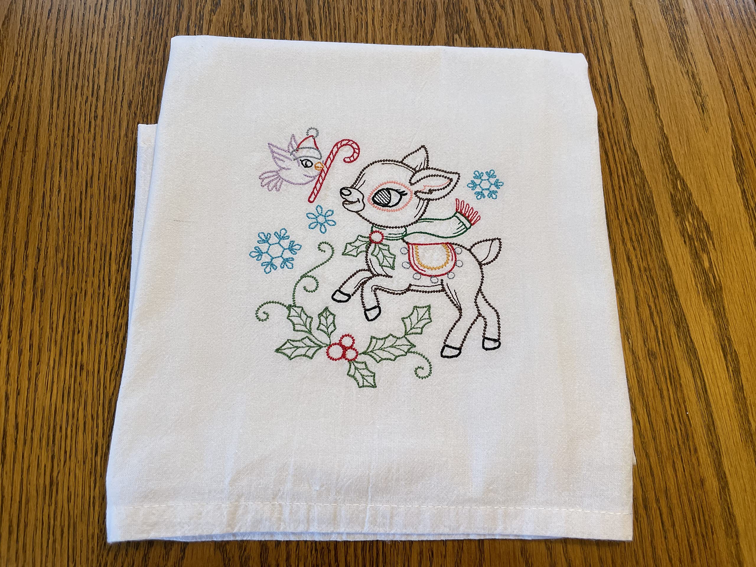 Christmas embroidered flour sack tea towel, Christmas reindeer, vintage pattern, 1 in set of 7 designs, machine embroidery