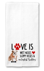 the creating studio personalized love is wet noses sloppy kisses and an english bulldog waffle kitchen towel -15"x25" housewarming gift, dog lover gift