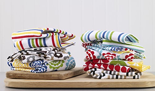 T-fal Textiles Highly Absorbent 100% Cotton Double Sided Printed Dish Cloths, 12" x 12", Set of 2, Striped Red/Multi Pattern