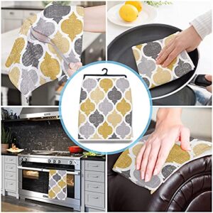 Segard Kitchen Towels Dish Towel Set of 2,Yellow Grey Moroccan Texture Absorbent Hand Towels Cleaning Dishcloth Tea Towels,Retro Linen Geometric Art Reusable Drying Dish Cloths