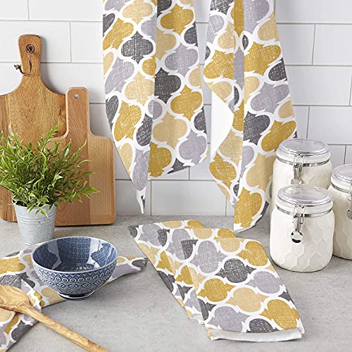 Segard Kitchen Towels Dish Towel Set of 2,Yellow Grey Moroccan Texture Absorbent Hand Towels Cleaning Dishcloth Tea Towels,Retro Linen Geometric Art Reusable Drying Dish Cloths