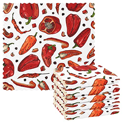 Oyihfvs Seamless Hand Drawn Red Color Chili Pepper Slices Red Peppers Pack of 6 Pcs Kitchen Dish Towels, Absorbent Soft Dishcloths for Bar Cafe Car Table Chair Window Washable Towels 11 x 11 inches