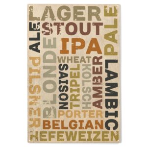 lantern press 10x15 inch wood sign, ready to hang wall decor, beer typography, types of beer