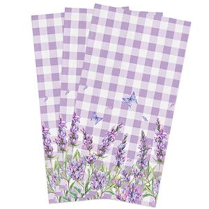 dish cloths kitchen towels, lavender flower butterfly purple plaid buffalo check summer floral dishcloths soft reusable cleaning cloths absorbent dish towels for household cleaning, 3 pack, 18"x28"