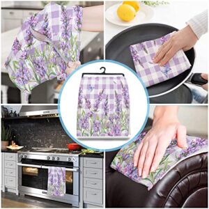 Dish Cloths Kitchen Towels, Lavender Flower Butterfly Purple Plaid Buffalo Check Summer Floral Dishcloths Soft Reusable Cleaning Cloths Absorbent Dish Towels for Household Cleaning, 3 Pack, 18"x28"