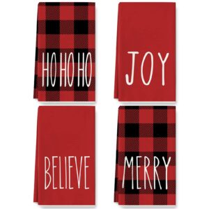 anydesign christmas kitchen towel red black buffalo plaids dish towel 28 x 18 merry joy tea towel decorative hand drying towel for kitchen farmhouse cooking baking party supplies, 4 pack