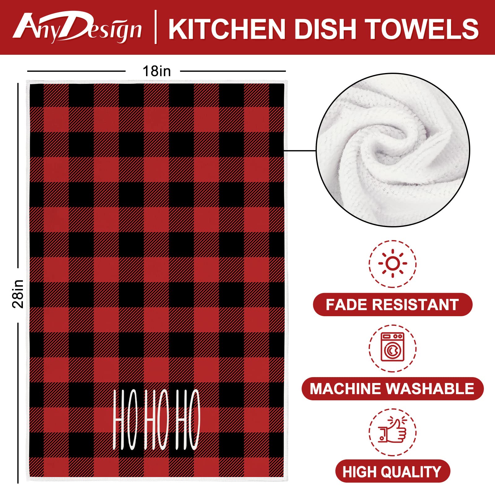 AnyDesign Christmas Kitchen Towel Red Black Buffalo Plaids Dish Towel 28 x 18 Merry Joy Tea Towel Decorative Hand Drying Towel for Kitchen Farmhouse Cooking Baking Party Supplies, 4 Pack