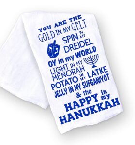 funny jewish puns for hanukkah kitchen and bathroom hand towel, gift for jewish holidays, hostess, houswarming and holiday gift (you are the gold in my gelt)