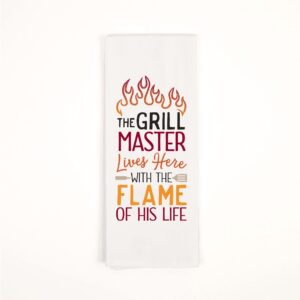 p. graham dunn grill master lives here classic white 28 x 16 cotton fabric dish tea towel
