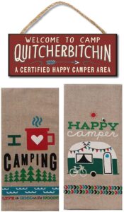18th street gifts camper decorations - happy camper dish towels and camp sign - camping themed decor - camper gift