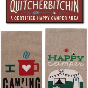 18th Street Gifts Camper Decorations - Happy Camper Dish Towels and Camp Sign - Camping Themed Decor - Camper Gift