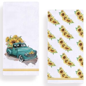 set of 2 watercolor sunflower kitchen dish towel 18 x 28 inch, seasonal spring summer sunflower truck tea towels dish cloth for cooking baking