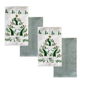 lintex falala christmas elves 4 piece 100% cotton oversized dish towel set - 2 whimsical elf and 2 hunter buffalo check 16” x 28” winter holiday fast drying kitchen towels, elf/check 4 pack set