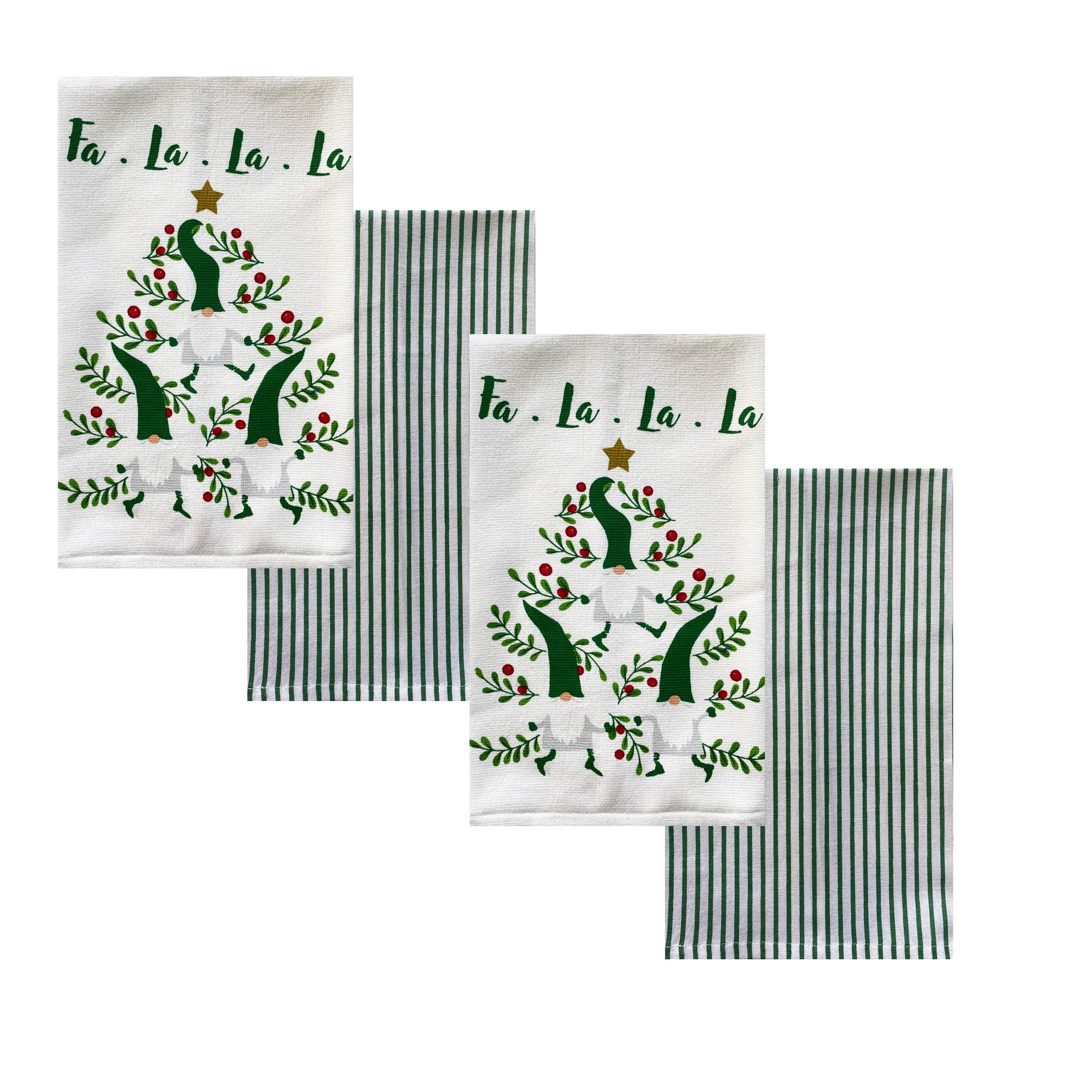 Lintex Falala Christmas Elves 4 Piece 100% Cotton Oversized Dish Towel Set - 2 Whimsical Elf and 2 Hunter Buffalo Check 16” x 28” Winter Holiday Fast Drying Kitchen Towels, Elf/Check 4 Pack Set