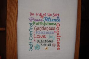 fruit of the spirit embroidered tea towel, dish towel, flour sack towel, kitchen decor, gift item