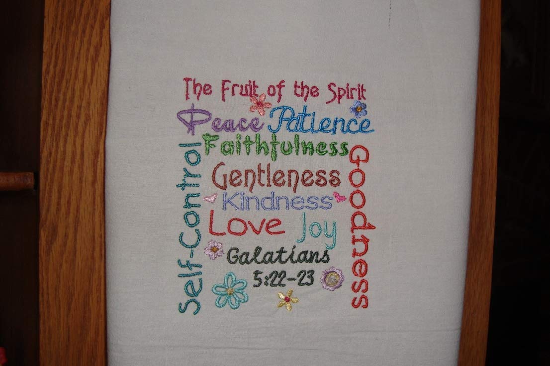 Fruit of the Spirit embroidered tea towel, dish towel, flour sack towel, kitchen decor, gift item