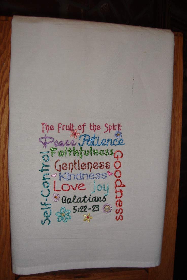 Fruit of the Spirit embroidered tea towel, dish towel, flour sack towel, kitchen decor, gift item